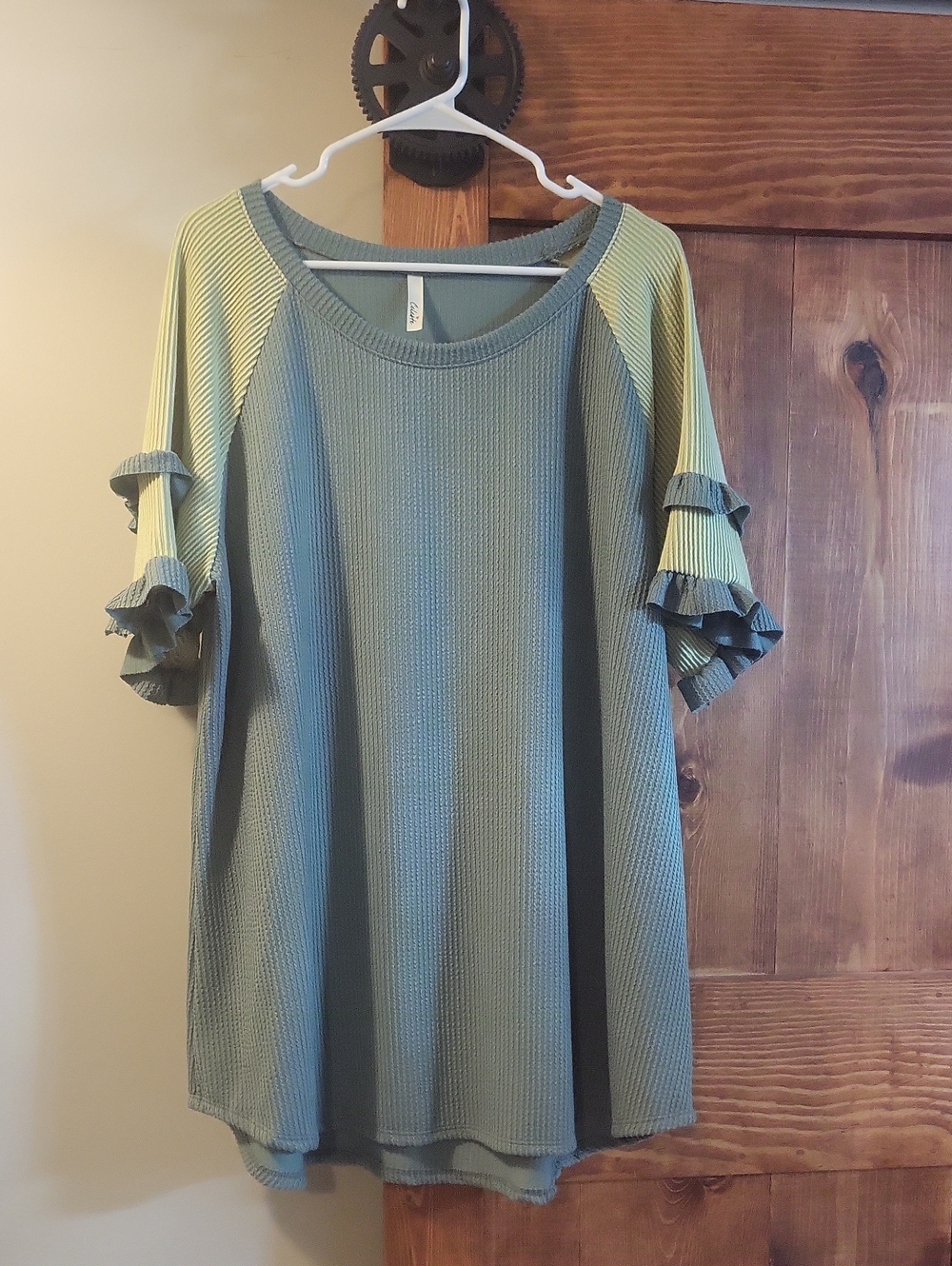 Celeste Sage Green Ribbed Ruffle Sleeve Tunic